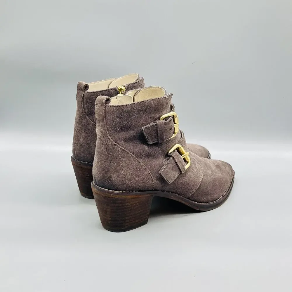 Boden Boots Womens 9.5 Brown Suede Ankle Buckle Zip Block Heel Booties Shoes